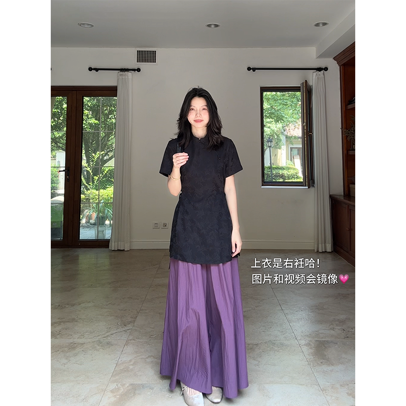 郭九九呢 新中式国风收腰显瘦盘扣上衣高腰宽松阔腿裤 G925A05645