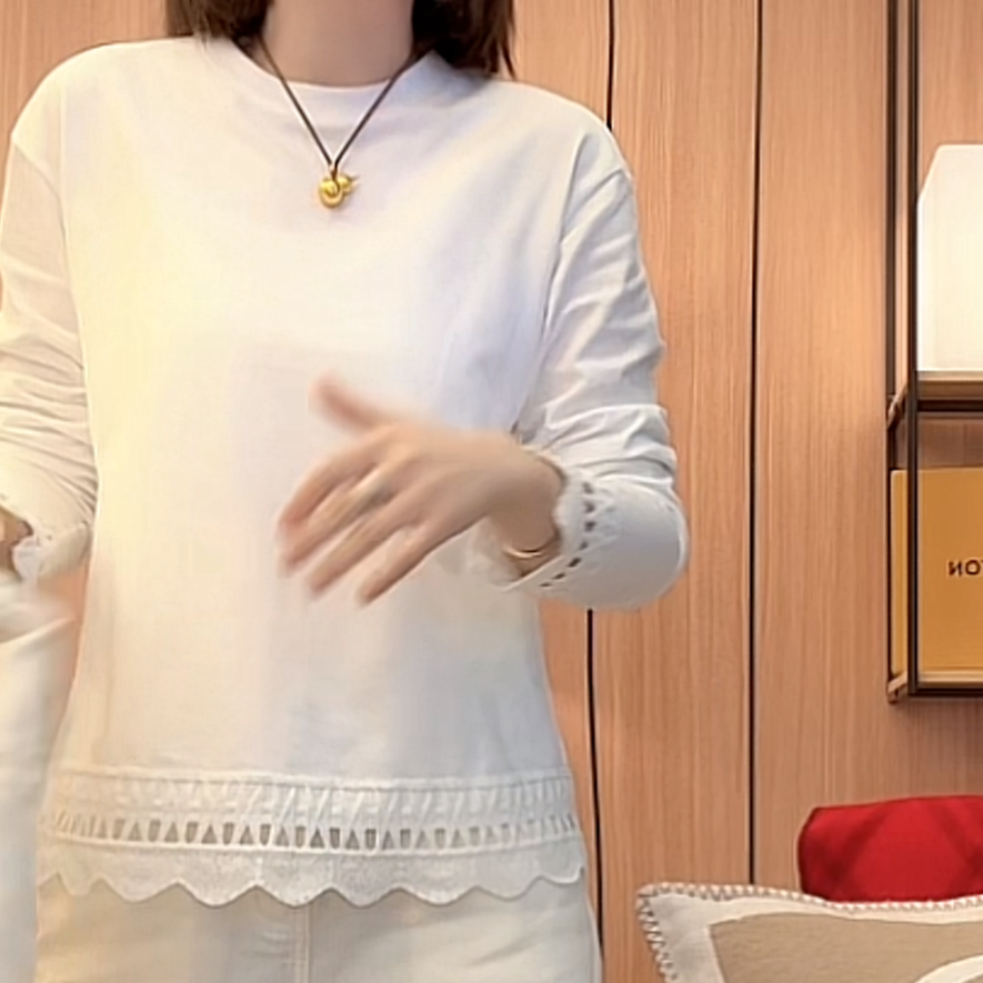 设计感蕾丝肌理感慵懒风长袖T恤女2025新款春季简约圆领套头上衣