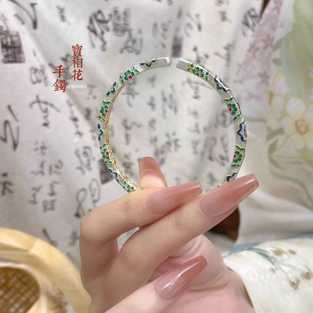 足银手镯 足银手镯宝相花描金珐琅彩女纯银999开口镯子七夕送女友