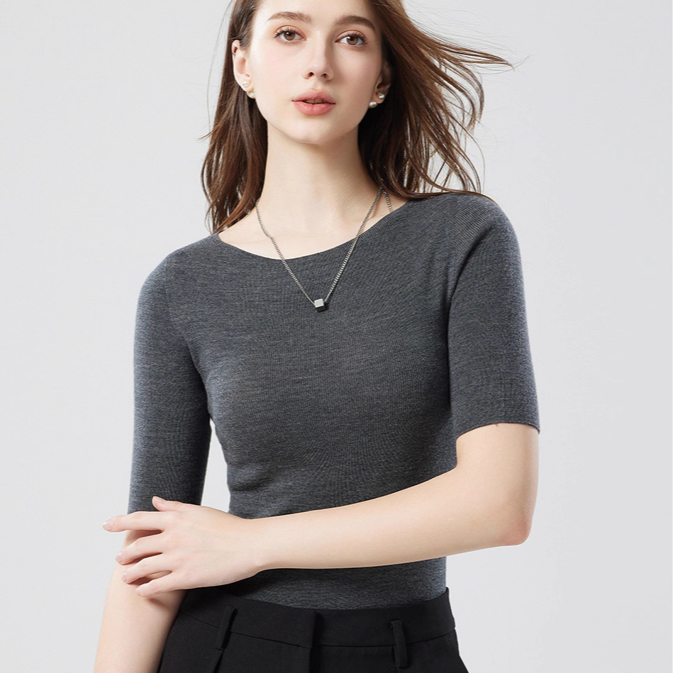 扬子纱OTW超柔软气质早秋一字领中袖打底衫18针岛精无缝羊毛衫女