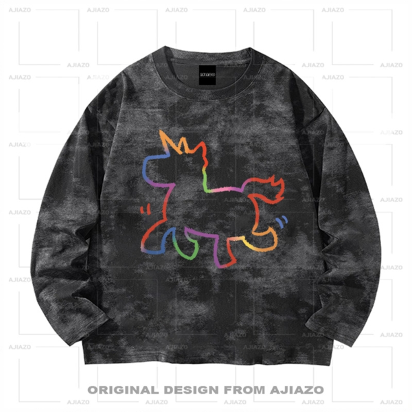 老狗十三【彩色小马】纯棉扎染长袖 秋冬休闲男女同款上衣