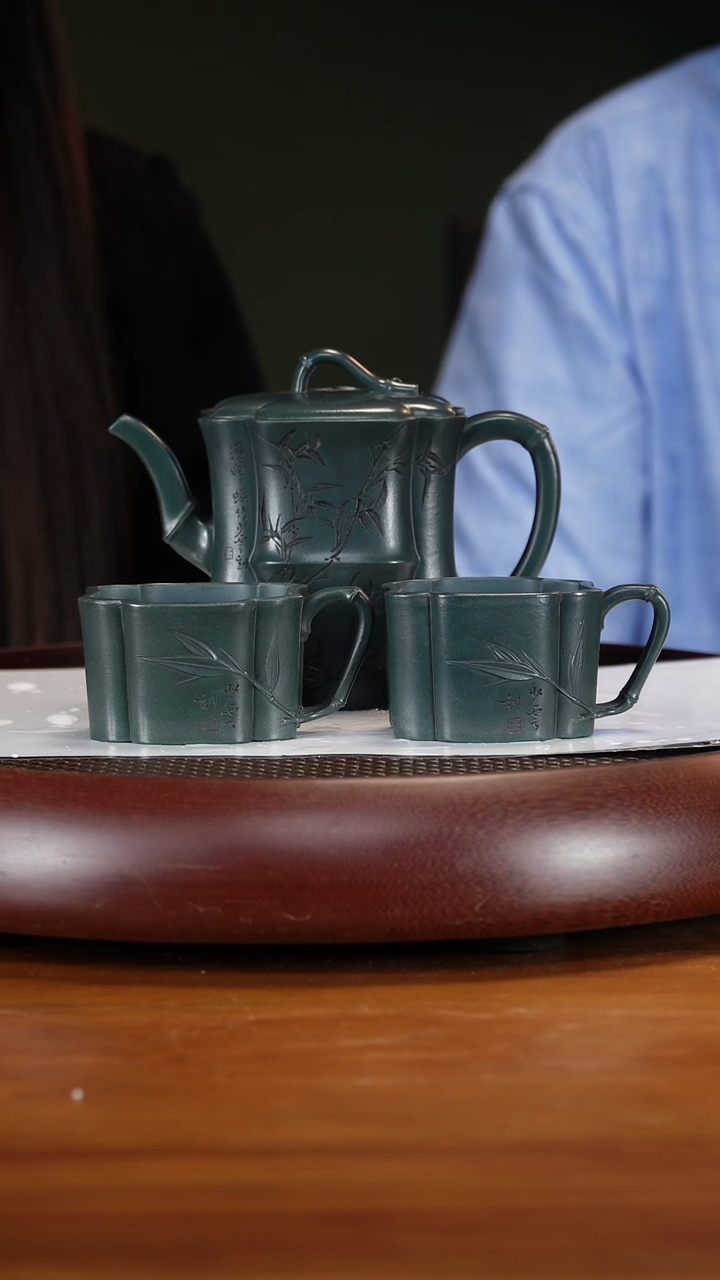 茶壶紫砂86WSY竹节套组 老绿泥320cc