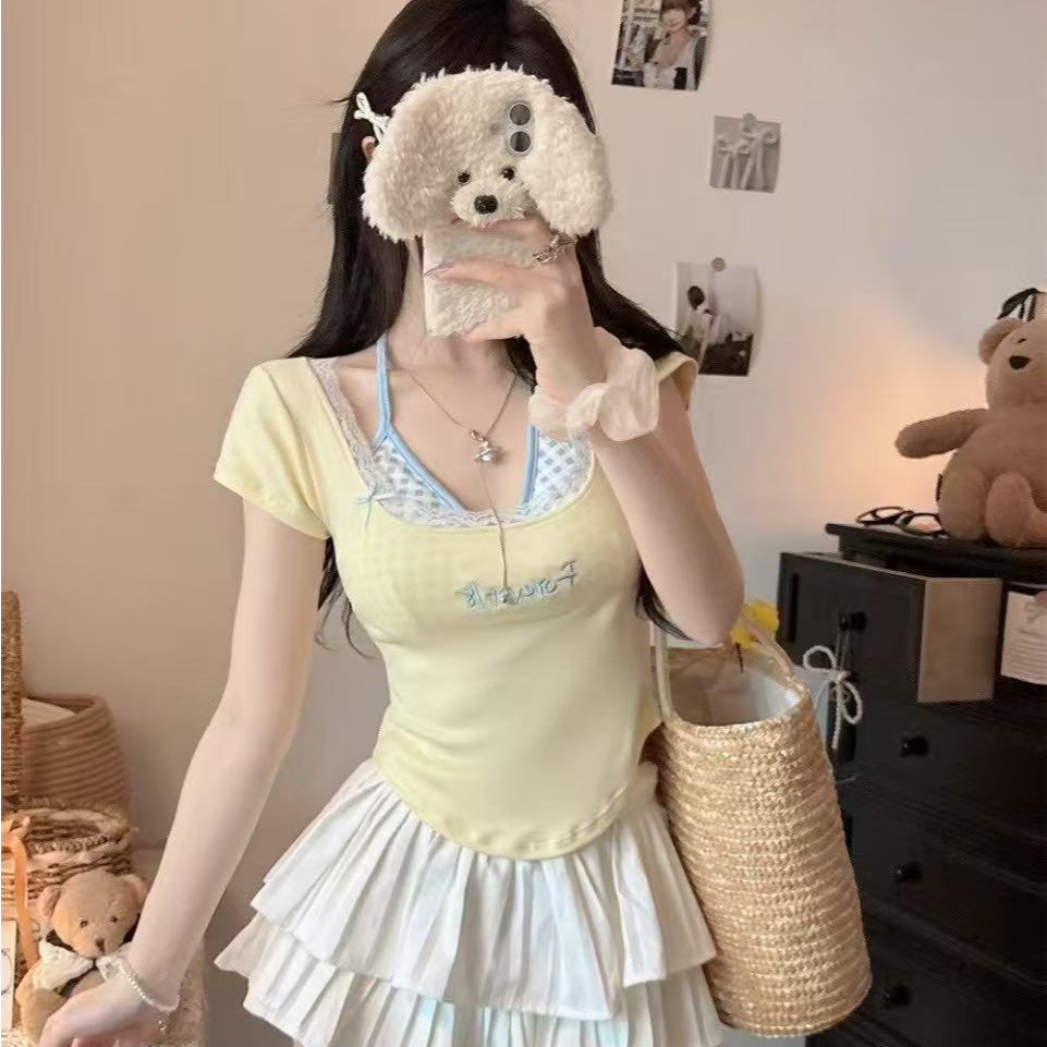 短款短袖少女显瘦T恤背心时尚森系修身甜美少女夏