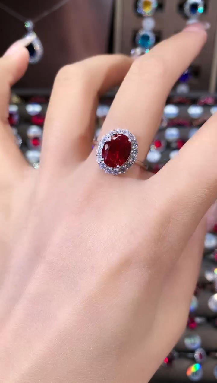 银S925镶嵌戒指红宝石酒红810