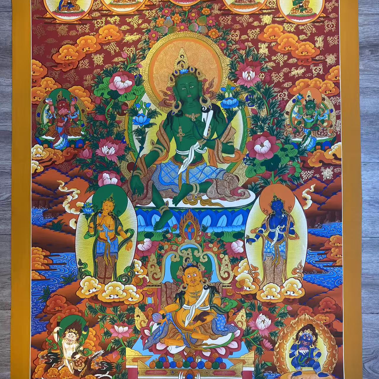 多尊绿度母尺寸120*90精工纯手绘红唐卡客厅书房茶室挂画装饰