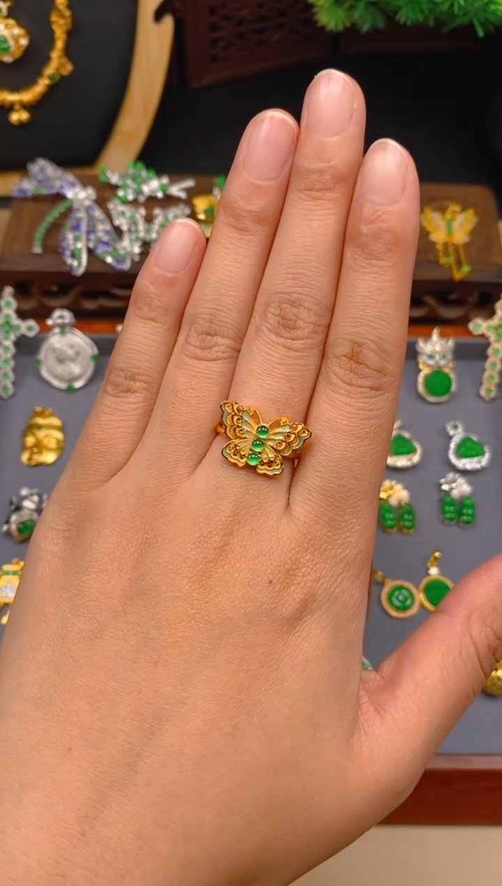 【闪购商品】翡翠戒指银S925镶嵌蝴蝶戒指