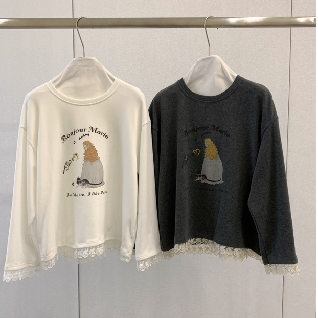 韩系白雪公主蕾丝花边磨毛长袖tee  5838