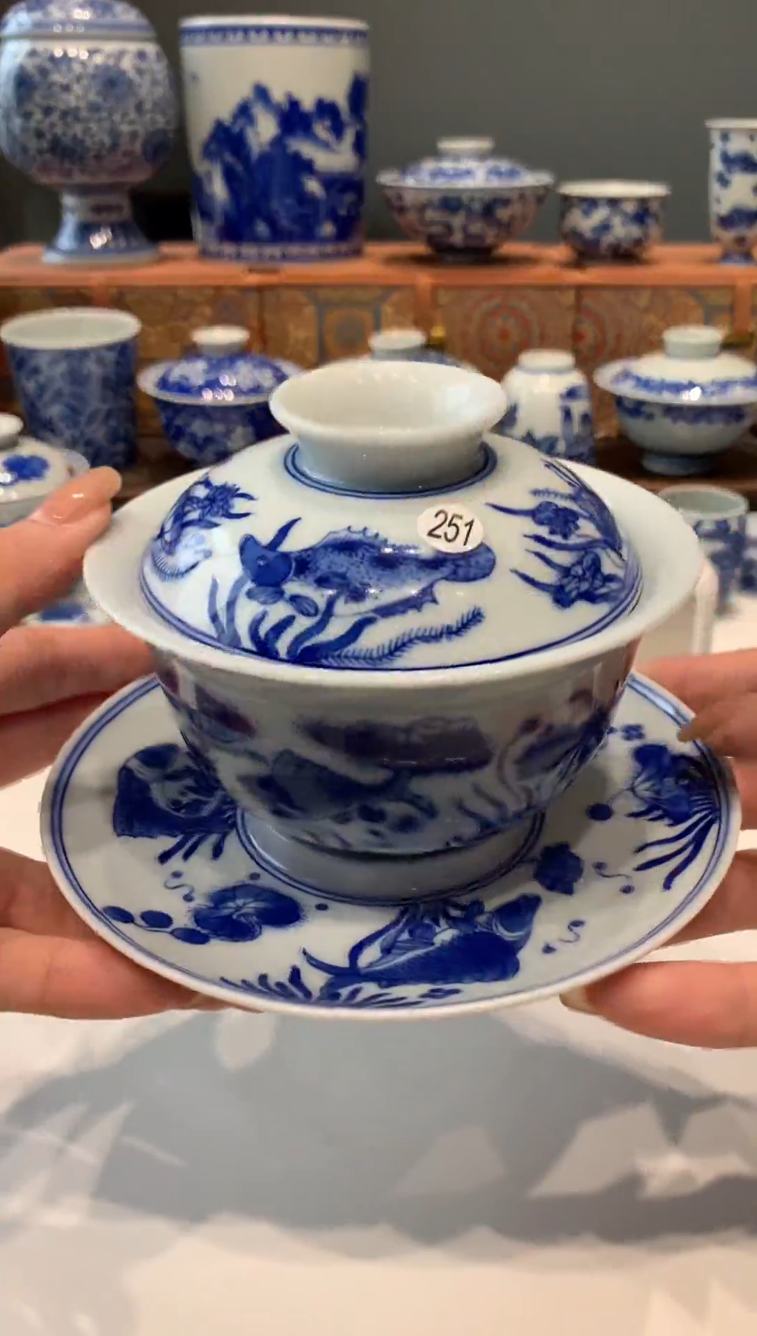 【闪购商品】251青花鱼藻纹三才盖碗