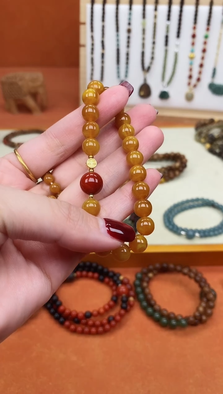 手链蜜蜡未镶嵌单圈蜜蜡08南红玛瑙手串