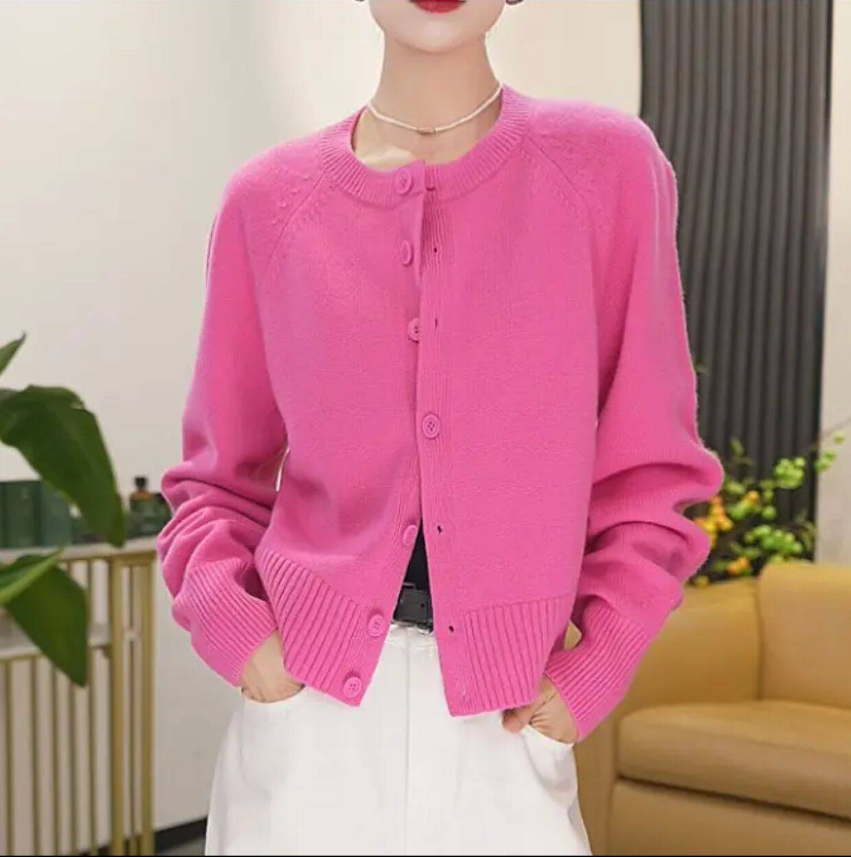 【姐妹品质】商场同款新款百搭气质圆领毛针织衫开衫外套女548033