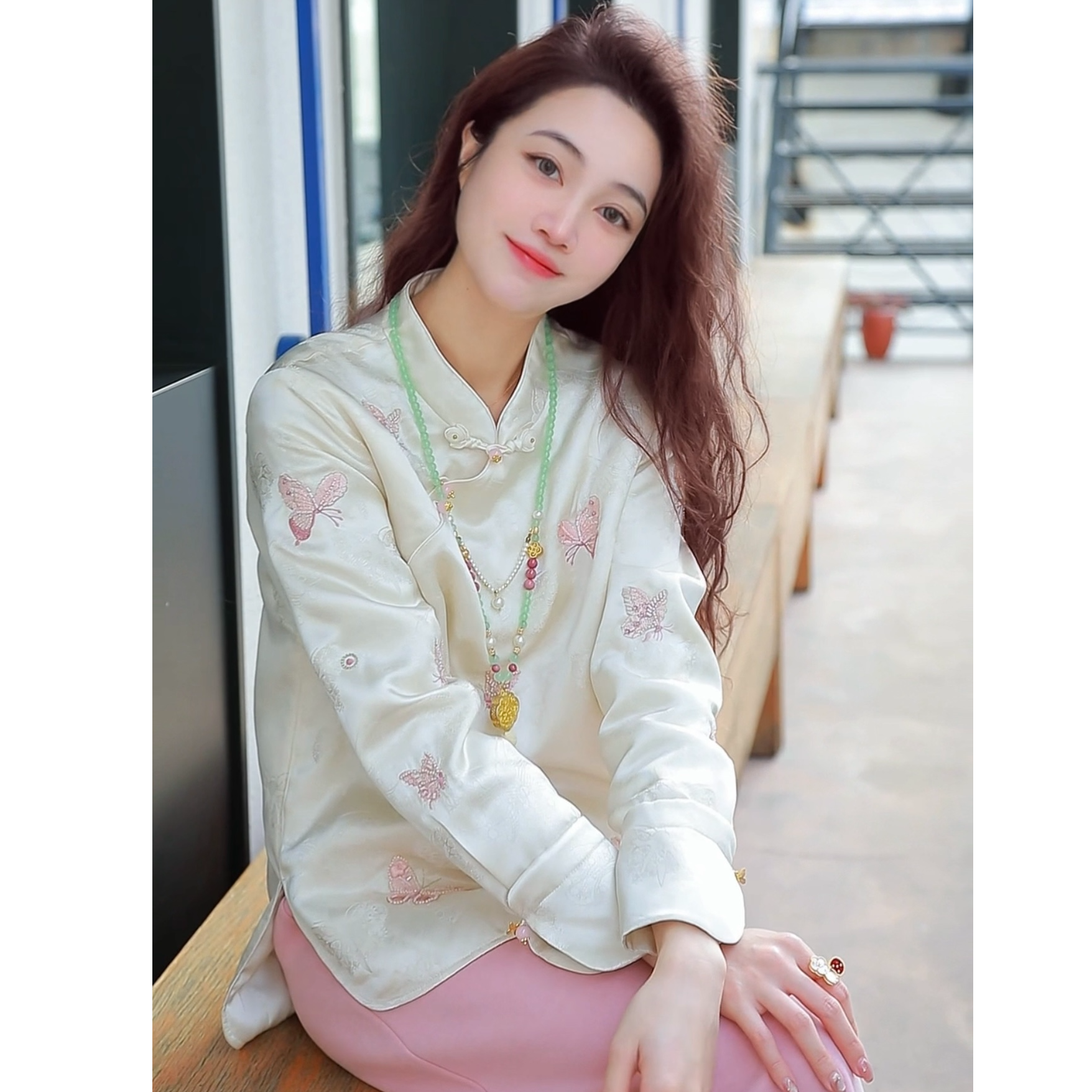 《七七定制》秋冬款重工刺绣加绒时尚中国风新中式气质长袖衬衫6678