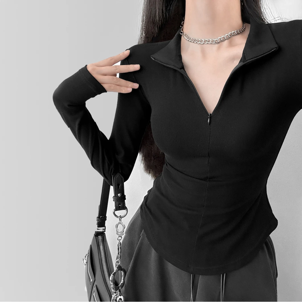 美式弹力卫衣女2025年新款春秋季拉链polo领正肩辣妹显瘦打底上衣