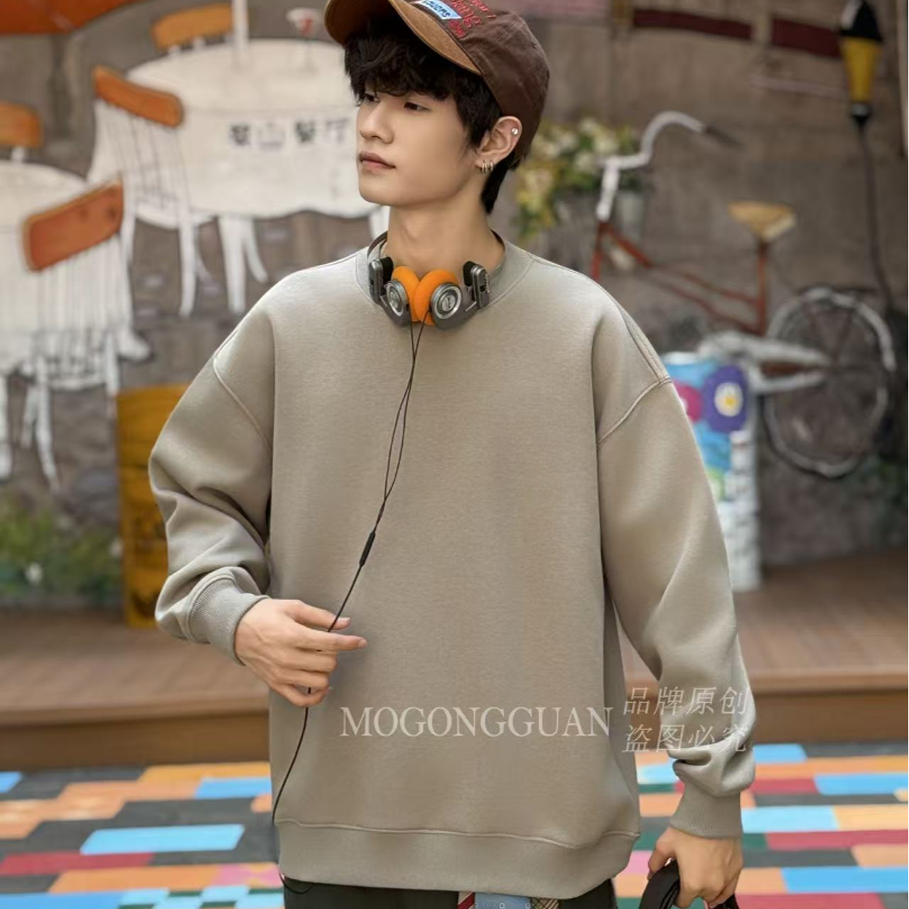 7719 豆绿色 青少年潮牌冬款加绒圆领卫衣