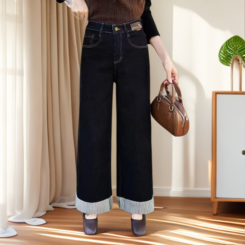 新疆包邮8883-2 高腰奶奶裤秋季女牛仔裤长裤阔腿裤宽松大码黑色