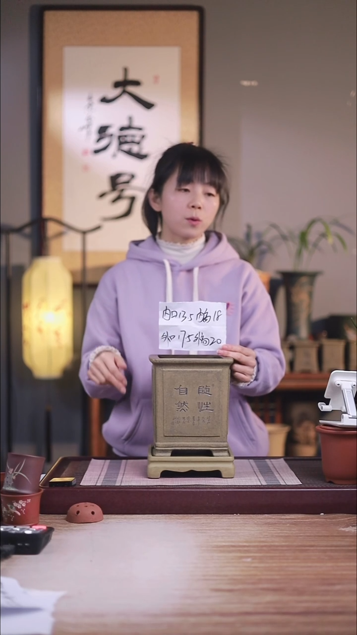 紫砂花盆龙骨刻绘大四方一只带色差托