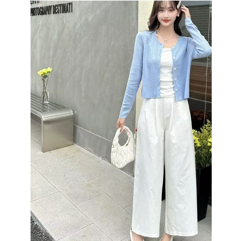 【牛哥严选】圆领针织长袖开衫+吊带背心+白色阔腿裤三件套880053