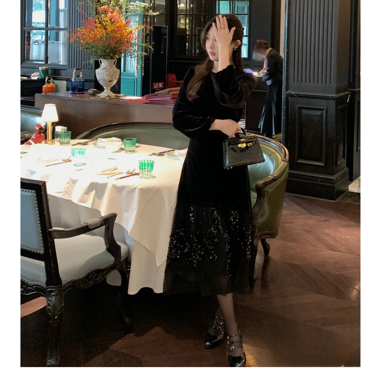 法式丝绒连衣裙女早春2025新款慵懒风收腰显瘦拼接蕾丝亮片鱼尾裙