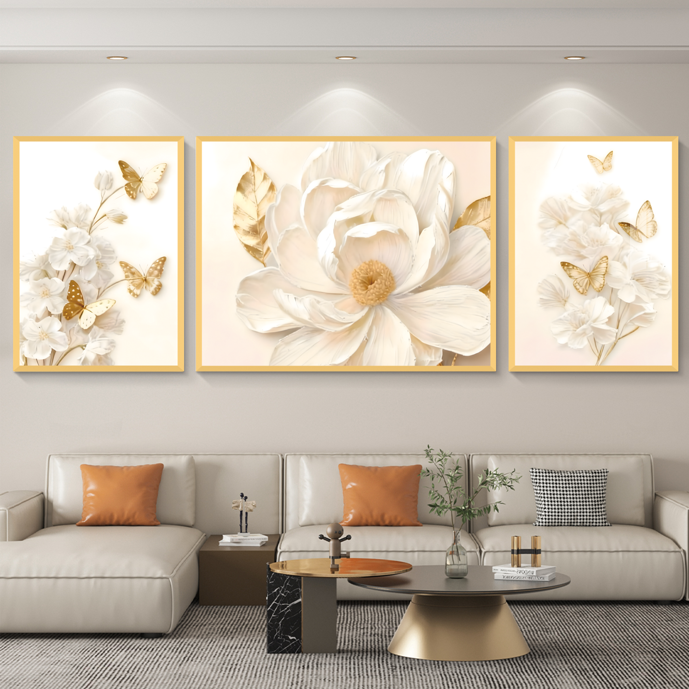 柔白繁梦高级感花卉沙发背景墙挂画轻奢简约风格三联装饰画