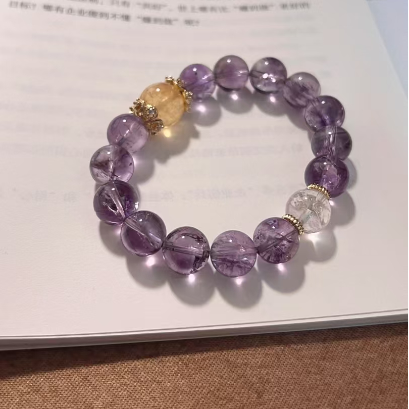 【紫气东来】天然紫水晶白水晶配黄塔晶手串