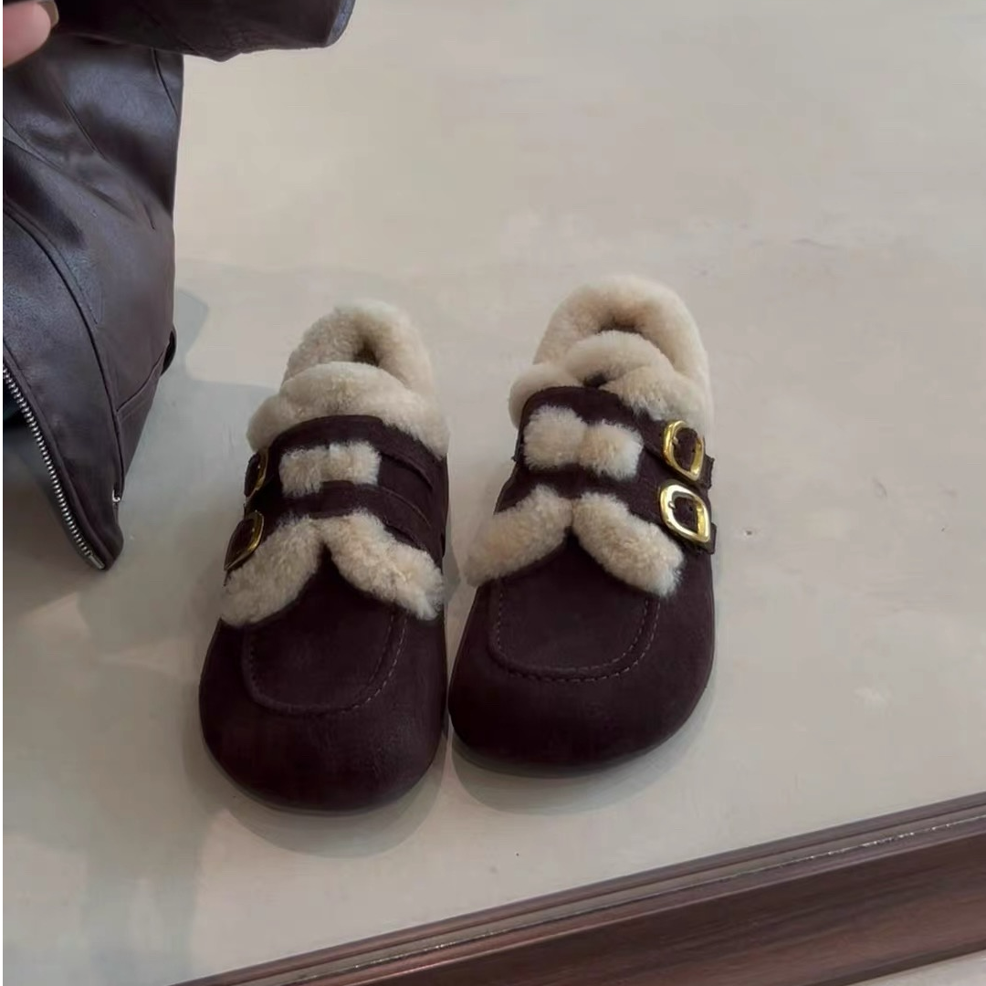 羊羔毛豆豆鞋女款冬季加绒复古圆头勃肯鞋2025新款防滑皮带扣棉鞋