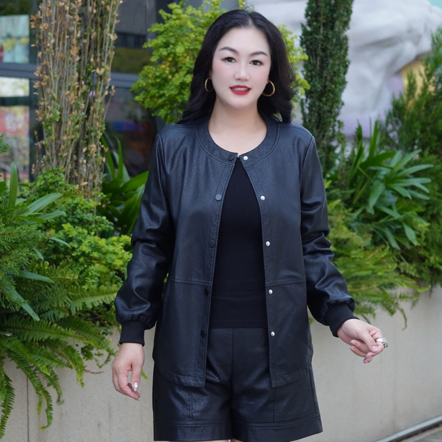 圆领皮衣女士大码秋季新款宽松螺纹修时尚休闲加肥中年外套