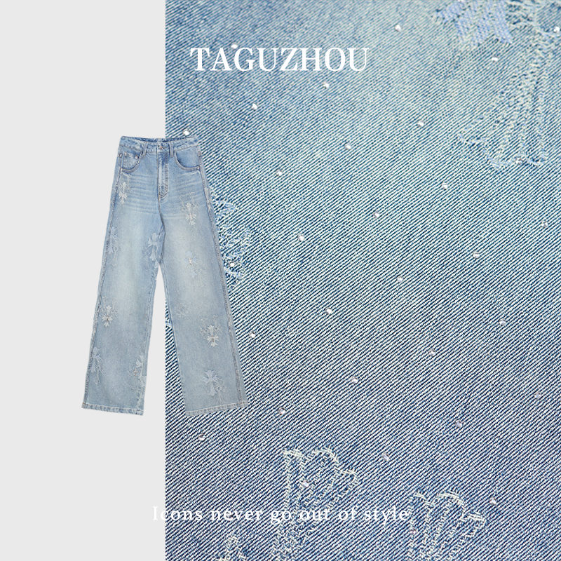 粥粥# 丹宁艺术~25秋冬高级感高定重工烫钻经典十字架提花牛仔裤