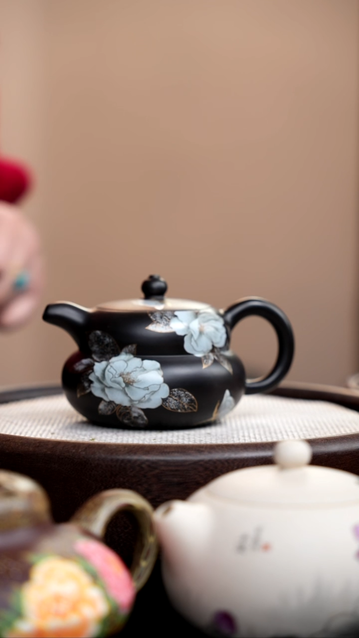 茶壶紫砂黑金银牡丹葫芦壶