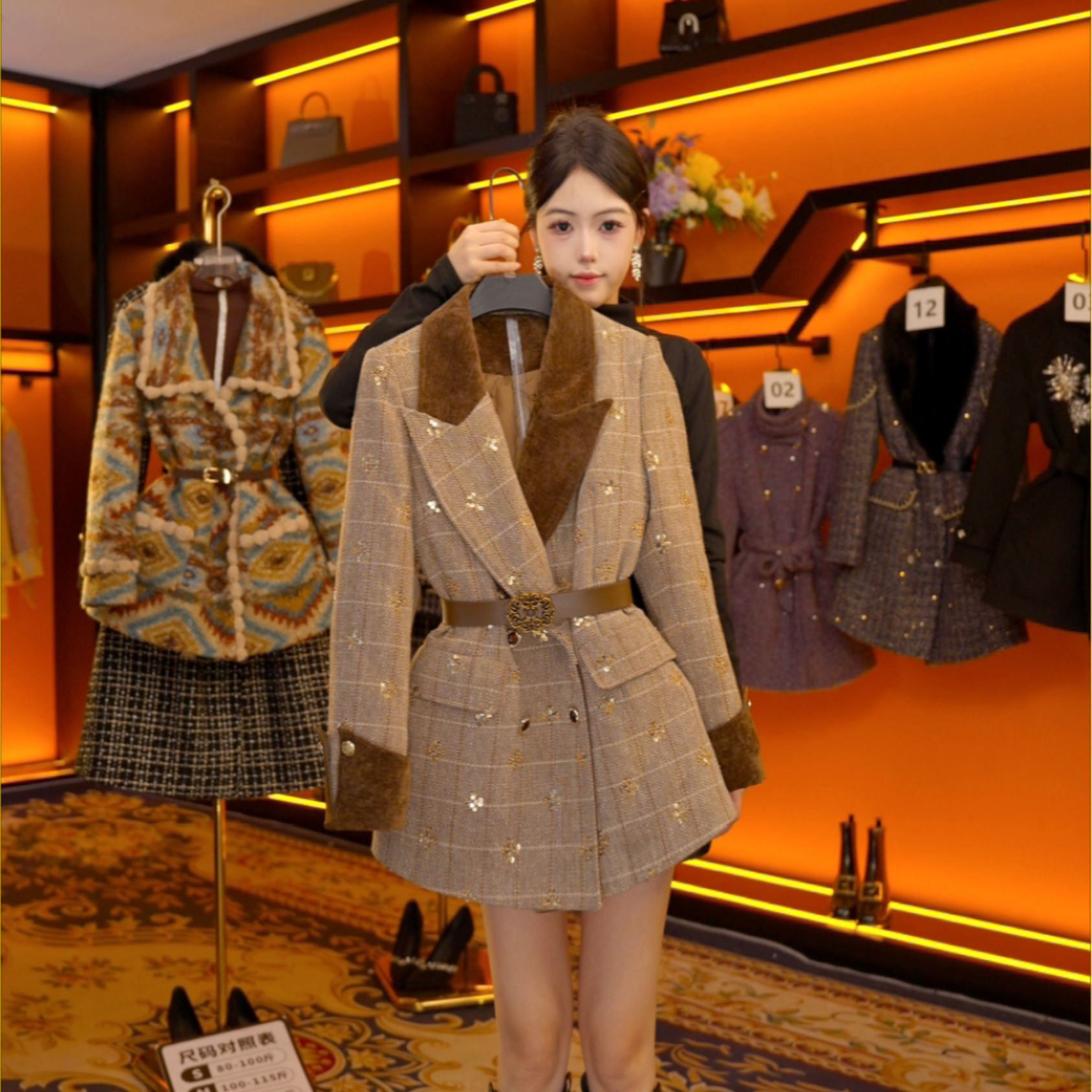 【GG】设计师气质小香风格子冬季时尚女收腰羽绒服中长款 S253-6162