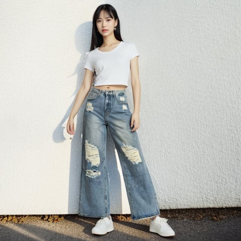 女破洞宽松牛仔裤做旧阔腿长裤新潮风复古直筒休闲夏季高腰