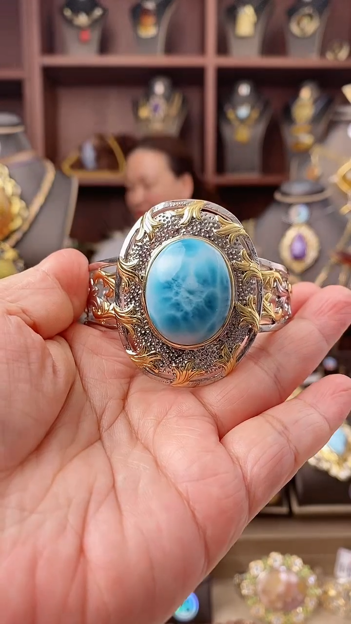 【闪购商品】针钠钙石（海纹石）手镯银S925镶嵌手镯