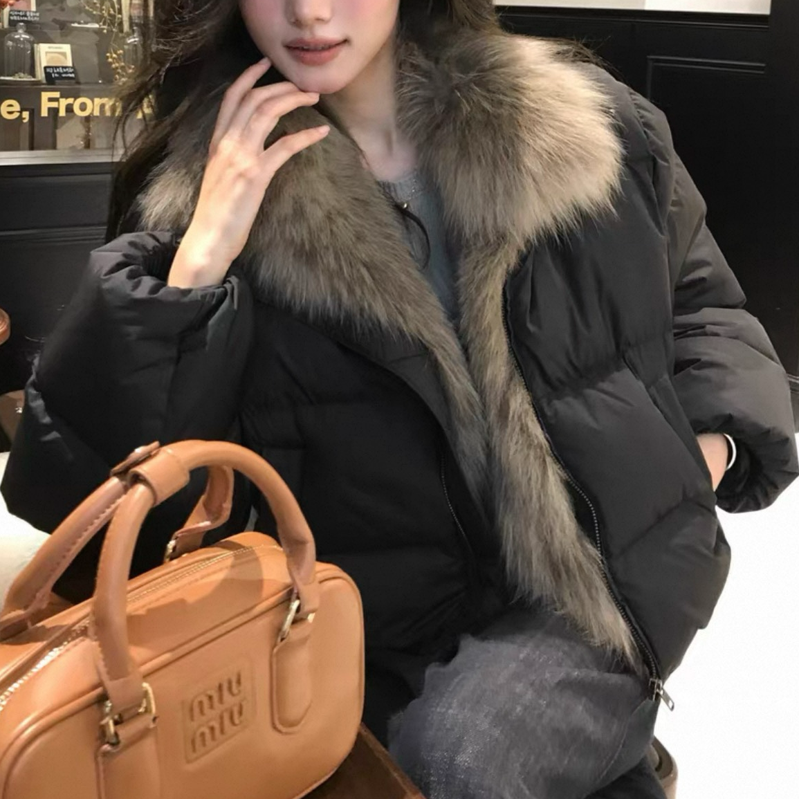 NICE圈圈/超好看翻毛领拼接短款时髦保暖羽绒服A7270