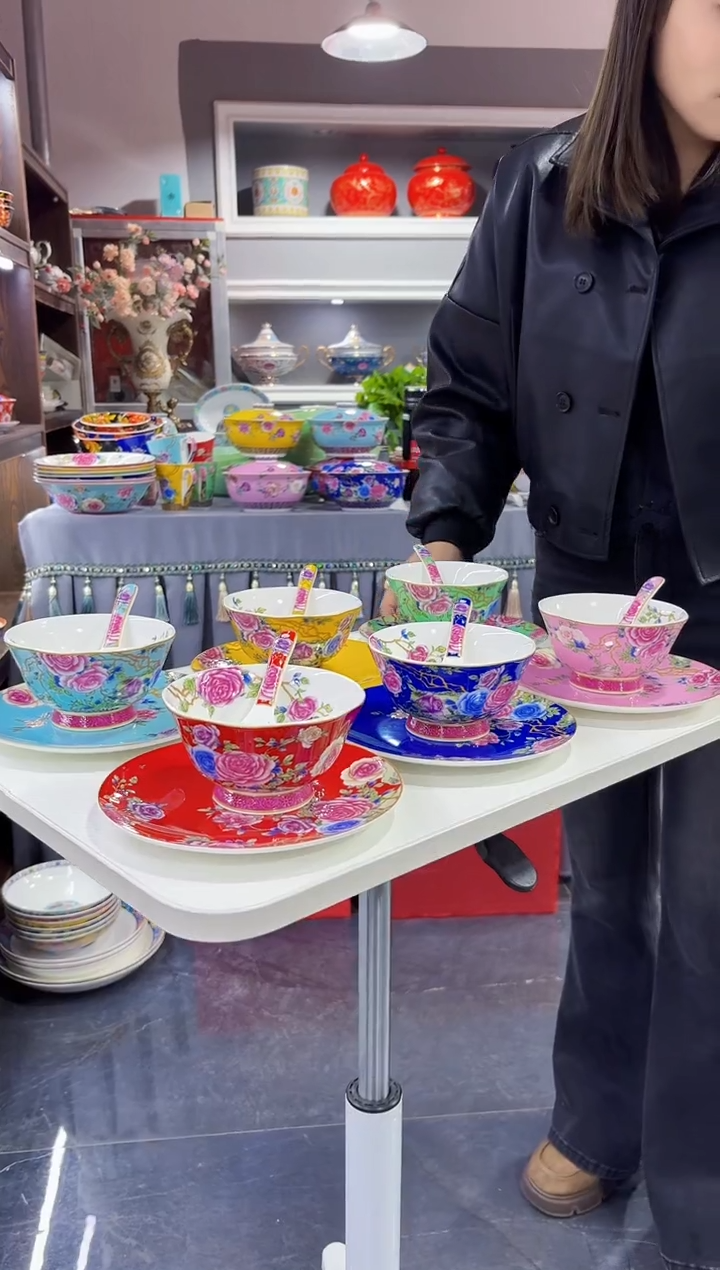 珐琅三件套碟碗勺6套景德镇陶瓷