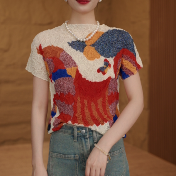 ZZM新款气质褶皱显瘦手工肌理感气质夏款修时尚上衣T恤241