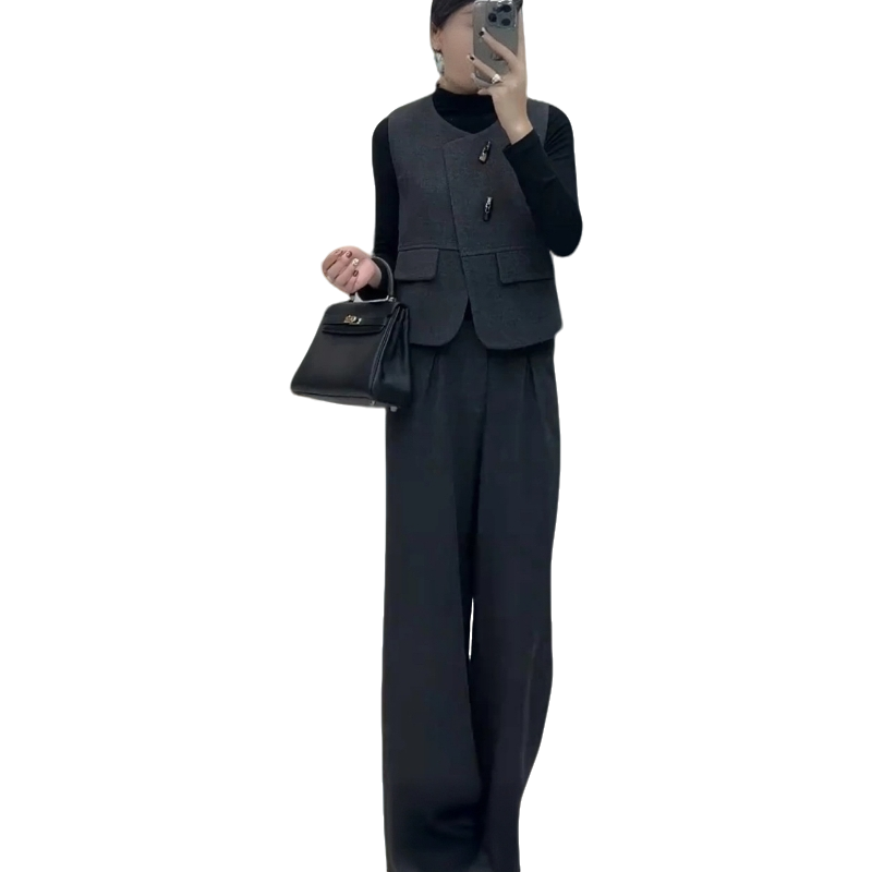 气质时尚女款春秋西装黑色马甲搭配阔腿裤洋气新款三件套装秋季
