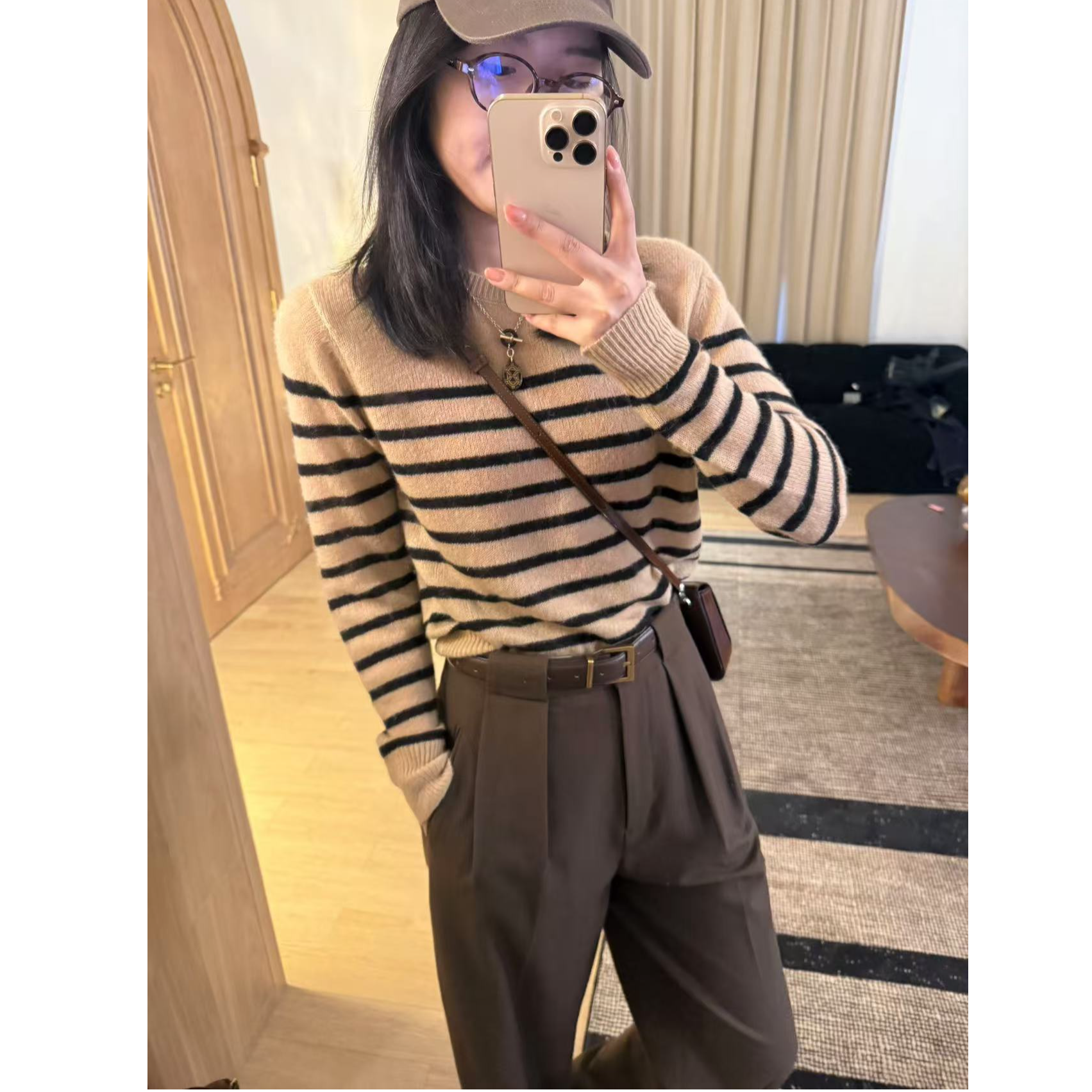 【大漠风情】秋冬新款显瘦时尚条纹毛呢混纺针织衫