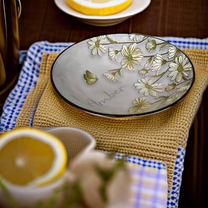 7英寸釉下彩陶瓷盘子中国风餐盘家用植物花卉盘子米饭碗圆形