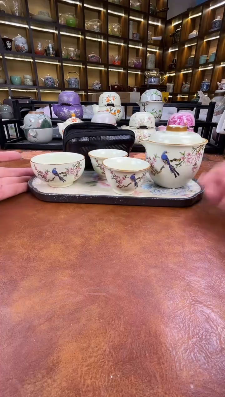 瓷片喜鹊登枝旅行套装+刺绣牡丹茶盘