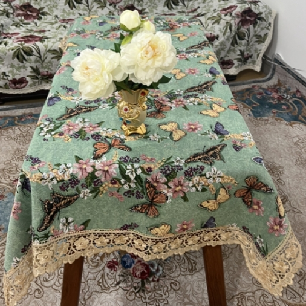 ZN111-27【160*220】绿蝴蝶水溶花边棉麻交织布桌布