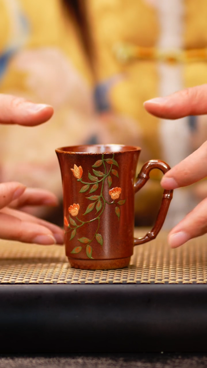 9小鱼柴烧石榴花竹把杯