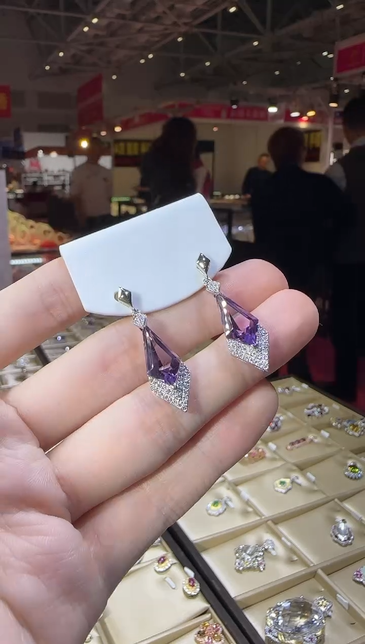 银S925镶嵌耳饰紫晶8*14mm耳坠