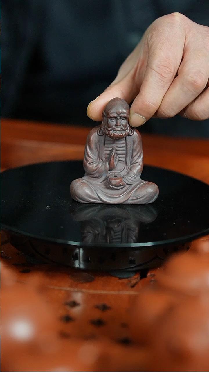 【闪购商品】紫砂茶宠古红泥刻绘香插达摩精品摆件