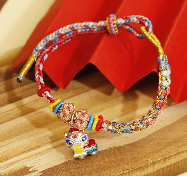 足银珐琅手链 足银醒狮福编织彩色民族风情侣可调节手绳