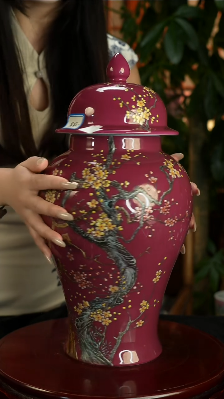 其他瓷胭脂红釉将军盖罐