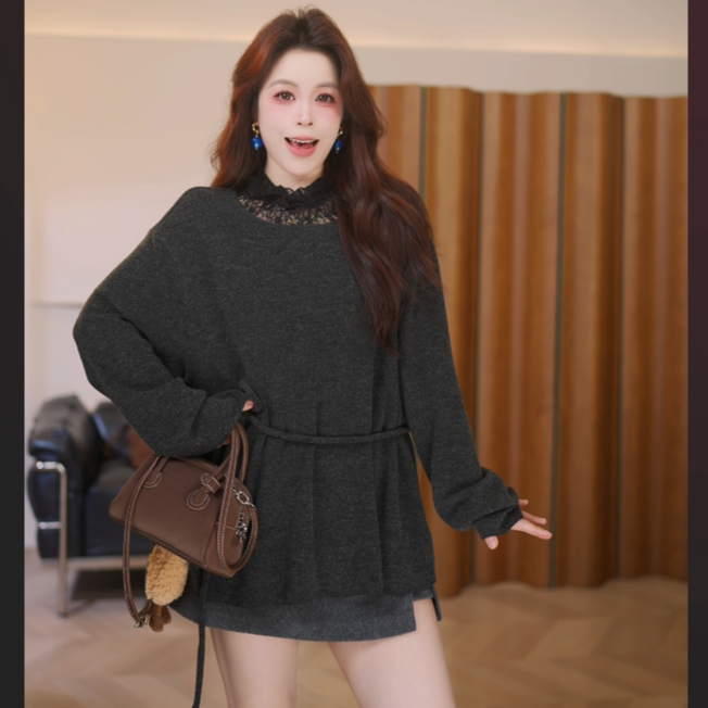 晶咕【洛神情书】上衣拼接领口蕾丝假两件有腰带