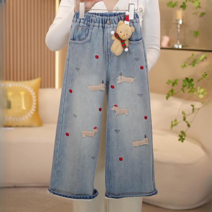 【闺蜜家】女童秋冬季2025韩系圣诞卡通松紧腰加绒加厚牛仔裤-7470