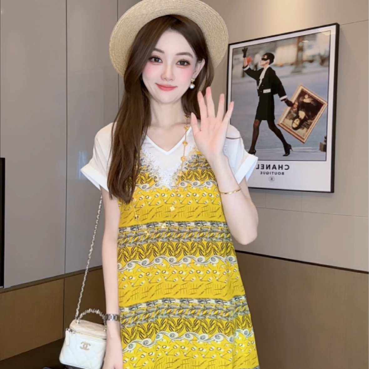 【丝芙玉禄】（S306）真丝双绉桑蚕丝气质拼色宽松中长款女装连衣裙
