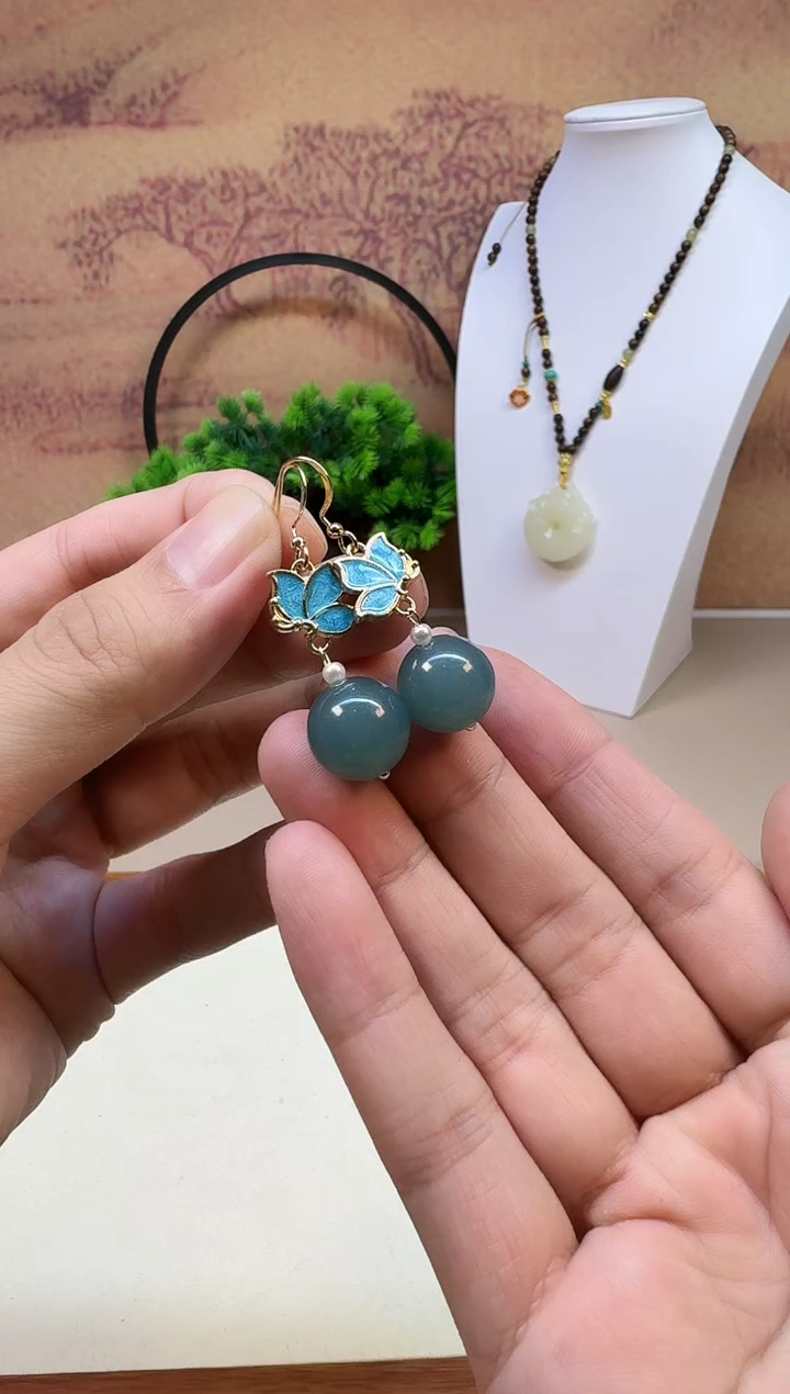 14K金镶嵌翡翠耳饰E236 