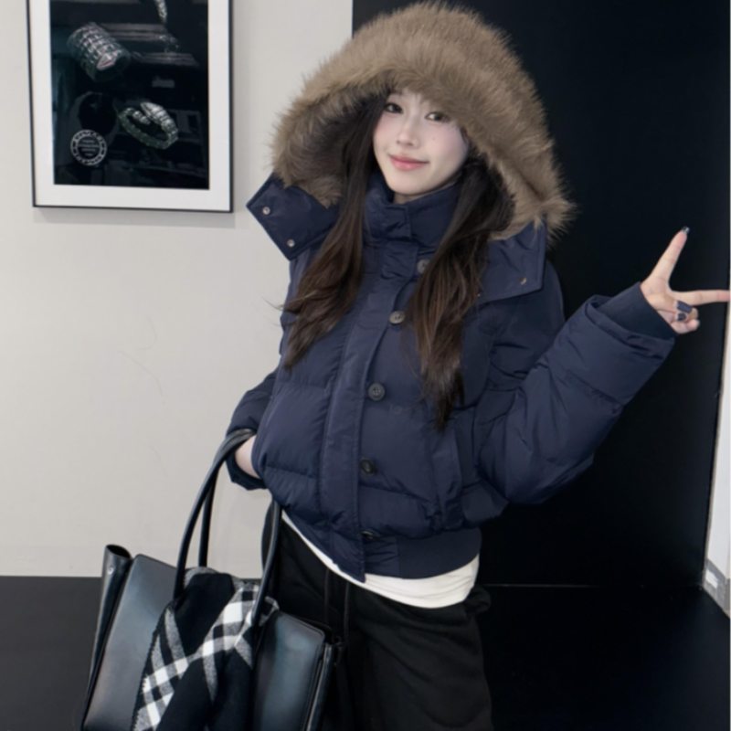 现货+运费险/高质量短款棉袄连帽大毛领短款冬季甜酷风棉外套棉服