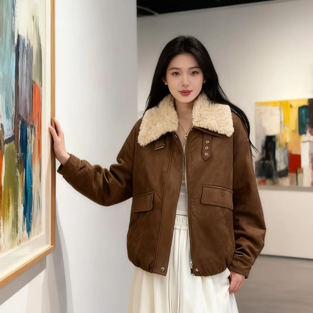 冬季新品韩版皮毛一体领口可拆卸短外套美拉德风保暖上衣（25-47）