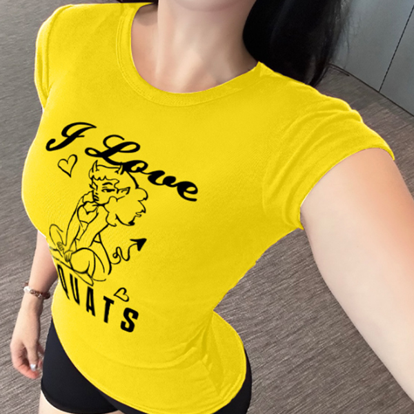 欧美女运动跑步高弹力紧身显瘦健身上衣休闲短款训练T恤印花短袖